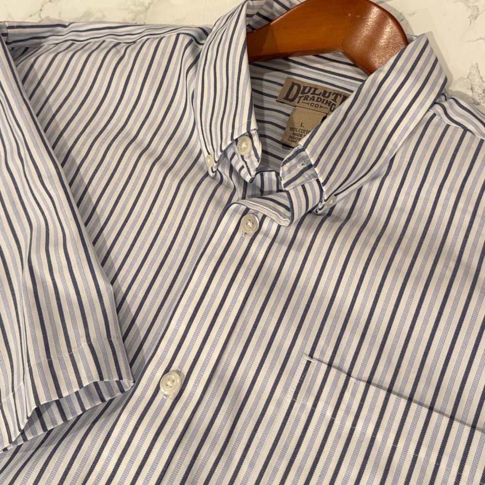 Duluth White and Blue Pinstripe Short Sleeve Button Down Shirt | 100% Cotton